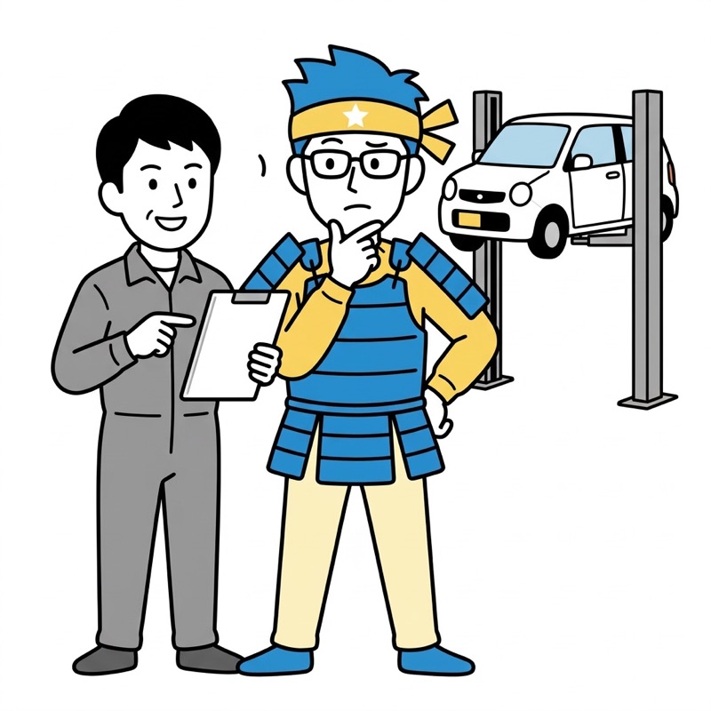 軽自動車10万キロの足回り・ブレーキの点検を整備士に相談する様子