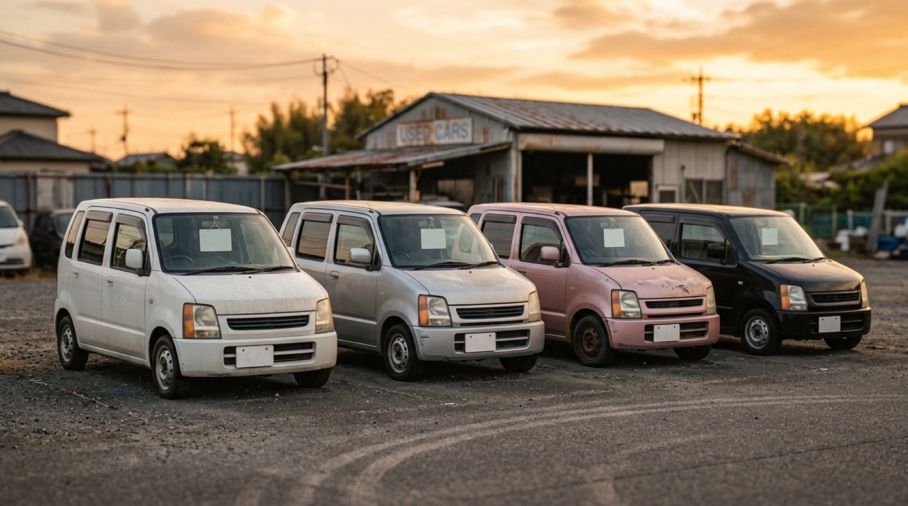 中古車店に並ぶ10万キロ超えの軽自動車